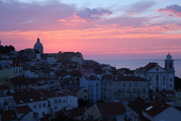 Fototapeta premium Cityscape Image of Lisbon, Portugal during dramatic sunrise.