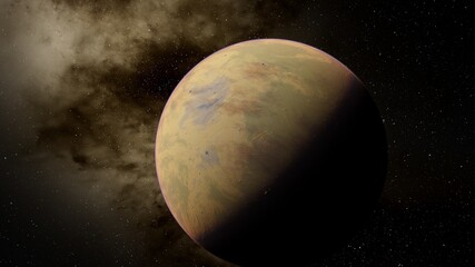 Planets of deep space in light of red and blue stars. Science fiction 3d illustration