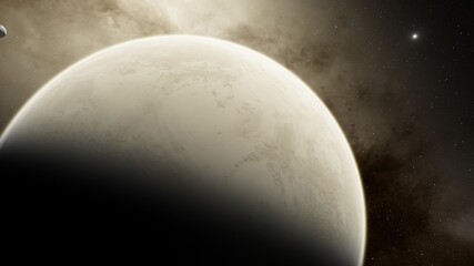 Planets of deep space in light of red and blue stars. Science fiction 3d illustration