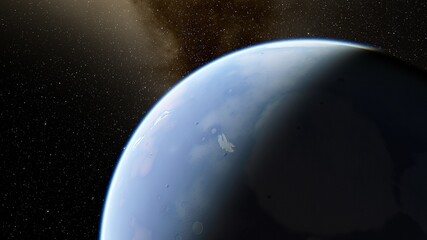 Planets of deep space in light of red and blue stars. Science fiction 3d illustration