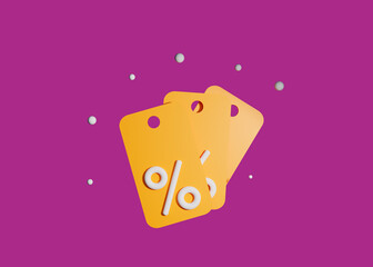 3d coupon yellow with  percentage on a pink background. For promotion, marketing and advertising in social networks. 3d rendering. 