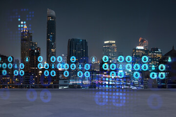 Rooftop with concrete terrace, Bangkok night skyline. Recruitment process to hire candidates for international business consulting. HR, networking digital icons. City downtown. Double exposure.