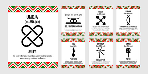 The Seven Principles of Kwanzaa signs. African American Holidays. 7 days of Kvanzaa set. Vector template for typography poster, banner, greeting card, postcard, flyer, etc.
