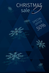 CHRISTMAS SALE. Special offer 50. Christmas trees. Bright, contrasting background. Vertical poster. 