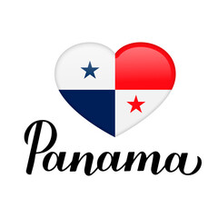 Panama lettering with national flag in heart shape isolated on white background. Vector template for typography poster, postcard, banner, flyer, sticker, t-shirt, etc