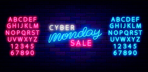 Cyber monday sale neon sign. Luminous emblem with alphabet. Outer glowing effect logo. Isolated vector illustration