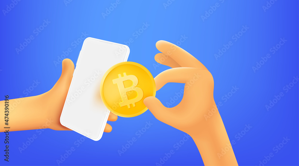 Poster man using mobile phone to mine cryptocurrency. 3d vector illustration