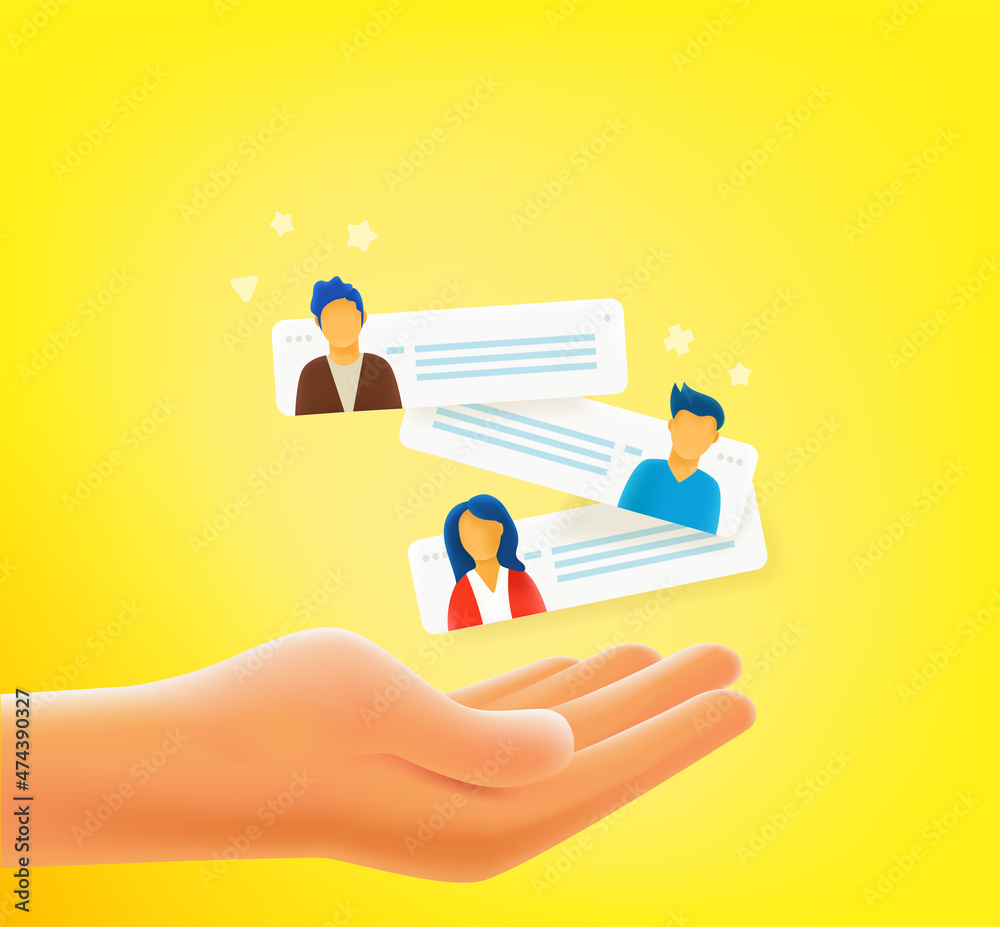 Poster human hand with chat bubbles. web communication concept. 3d style vector banner with copy space