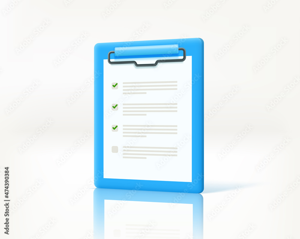 Poster clipboard with contract papers on a floor. 3d vector illustration