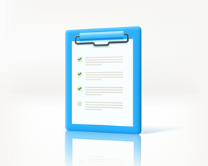 Clipboard with contract papers on a floor. 3d vector illustration