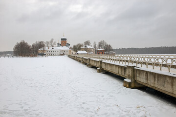 Vvedenskaya Island women's desert on a winter day. Russia, Vladimir region