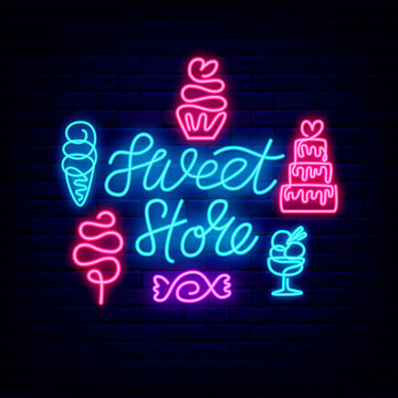 Candy shop neon lettering signboard with icons. One line drawing sweets. Ice cream. Wedding cake. Vector illustration