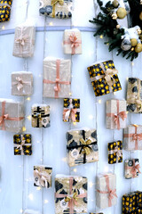 Many beautiful present boxes on the wall, decoration