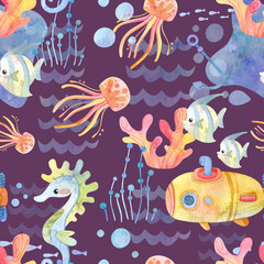 Seamless pattern. Watercolor with marine life. Cartoon exotic fish, submarine, jellyfish, seaweed, anchor