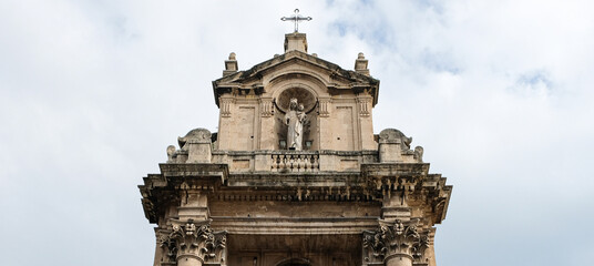 Catania, Sicily. Details of Basilica Santuario di Maria Santissima Annunziata al Carmine upper part. The church was built in the present form by 1729.