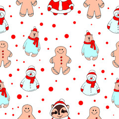Christmas vector illustration cute characters snowman, gingerbread, bear seamless pattern	