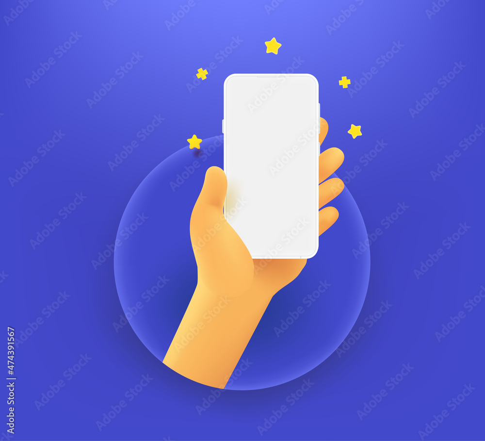 Poster man holding modern smart phone with blank screen in a hand. 3d vector illustration