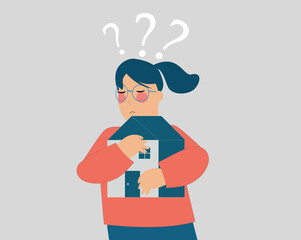 Poor child looks confused. Sad girl without home needs her parents. Young orphan crying, holding her house. Divorce consequences on children, homeless and domestic abuse concept. Vector illustration.
