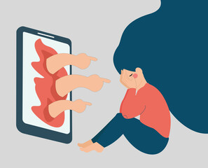 Woman covers her face with hands from fingers pointing at her from phone screen. People bullying a girl on internet. Cyberbullying behavior, negative influence on social media, verbal abuse concept. - obrazy, fototapety, plakaty