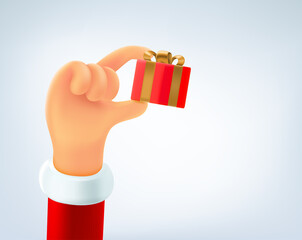 Santa Claus holding small gift box with golden ribbon. 3d vector illustration