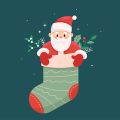 Christmas sock. Christmas stocking vector illustration in cartoon style. Decorative green sock with Santa Claus. New year card