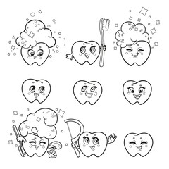 Cute cartoon little tooth hygiene outlined for coloring on white background