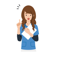 立って書類を手に持って何かひらめいた看護師の女性