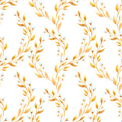 Watercolor seamless pattern with golden willow twigs, twigs with buds, twigs with leaves on a white background. Watercolor illustration for fabrics, postcards, posters, decor.