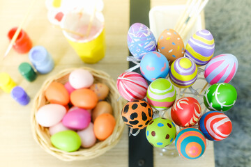 Colorful easter eggs in Basket