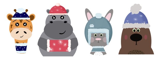 A set of icons with animals in winter clothes. Scandinavian style.