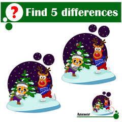 Cheerful funny animals tiger and deer in forest on ice rink. Find 5 differences. Game for children