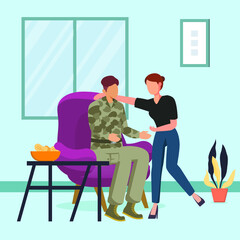 Soldier and his wife are making out after a long time of not seeing and interacting together. Military. Enjoyed. Soldier. Work. Veteran. Vector colorful illustrator. Illustrator