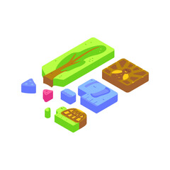 Obraz premium Isometric Letter T Words Flat Alphabet. Vector Illustration of Single ABC Objects.