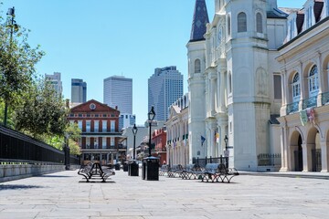 Empty Jackson Square in front of St. Louis Cathedral in the French Quarter