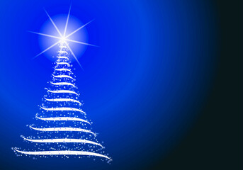 Fondo azul navideño con árbol de navidad brillante.