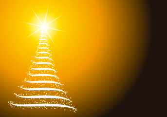 Fondo amarillo navideño con árbol de navidad brillante.