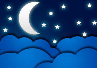 Fondo de noche estrellada con nubes y luna. 