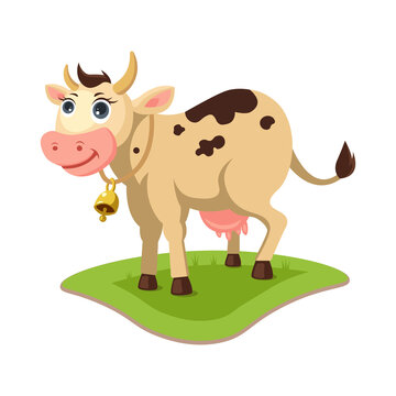 cow wearing a bell in meadow cartoon vector illustration