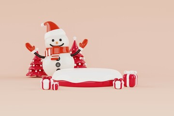 Happy New Year background. Snow on red round studio podium surrounded by red Christmas tree, snowman and gift boxes. Xmas Decorations, 3D illustration