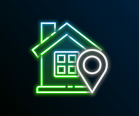 Glowing neon line Map pointer with house icon isolated on black background. Home location marker symbol. Colorful outline concept. Vector