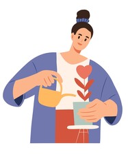 Happy woman watering a flower in the form of a heart. Valentine’s Day card. Flat illustration isolated on white background 