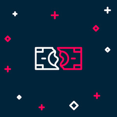 Line Tearing apart money banknote into two peaces icon isolated on blue background. Colorful outline concept. Vector