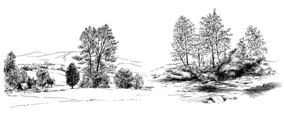 Rural landskape, forest and meadow. Hand drawn set. - 474396943