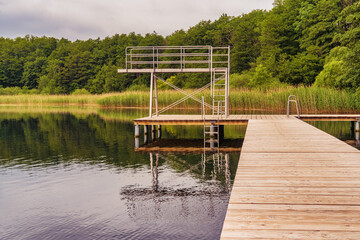 Bathing jetty and jumptower at the Passower See (Lake Passow), Mecklenburg-Western Pomerania, Germany