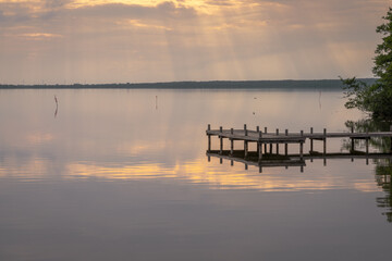 A jetty at the shore of the bathing island in Steinhude with view at the Steinhuder, Lower Saxony,...