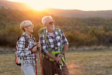 Old couple walking in nature and talk at sunset