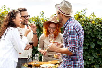 Four friends standing in vineyard with glasses of vine red and white drinking, relaxing and talk to...