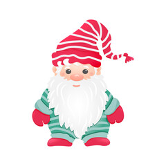 Little Christmas gnome in red striped hat.