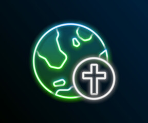 Glowing neon line Christian cross with globe Earth icon isolated on black background. World religion day. Colorful outline concept. Vector