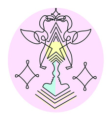 One line drawing of surreal illustration.
One continuous line drawing of woman head, star and flamingo.